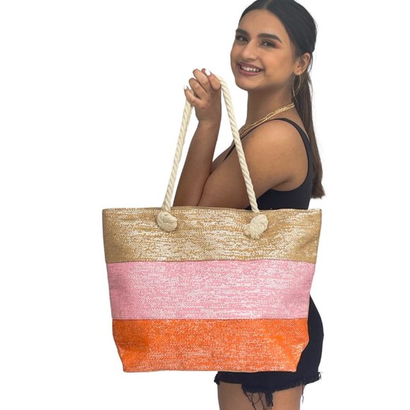 ORANGE SPARKLING OVERSIZE LARGE BEACH POOL TOTE BAG - Picture 2 of 3